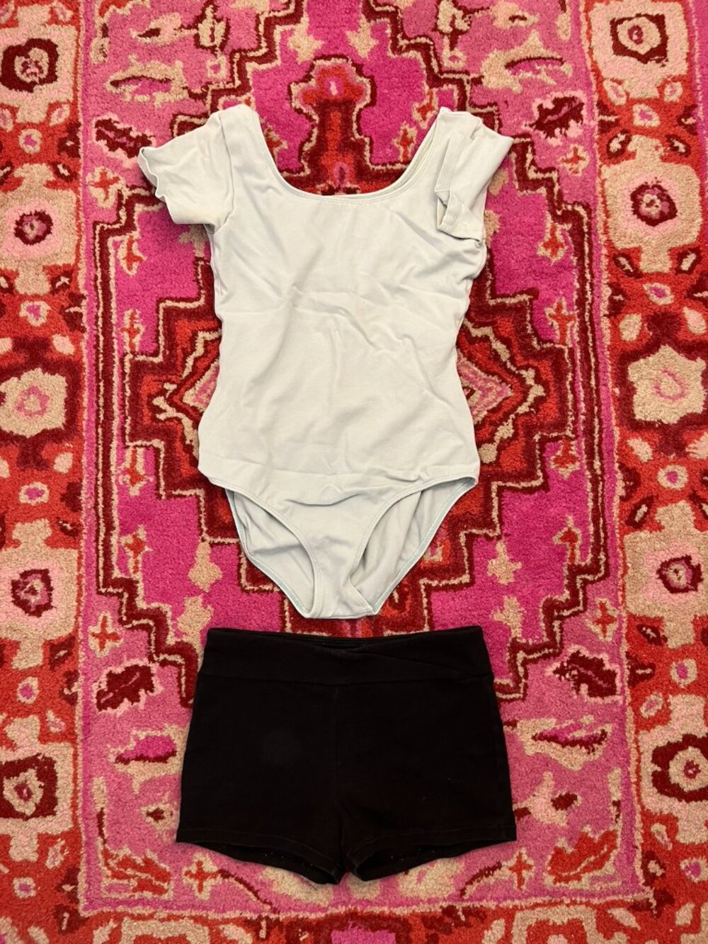 Light Blue Short Sleeve Bloch Leotard with Black Freestyle Danskin Dance Shorts